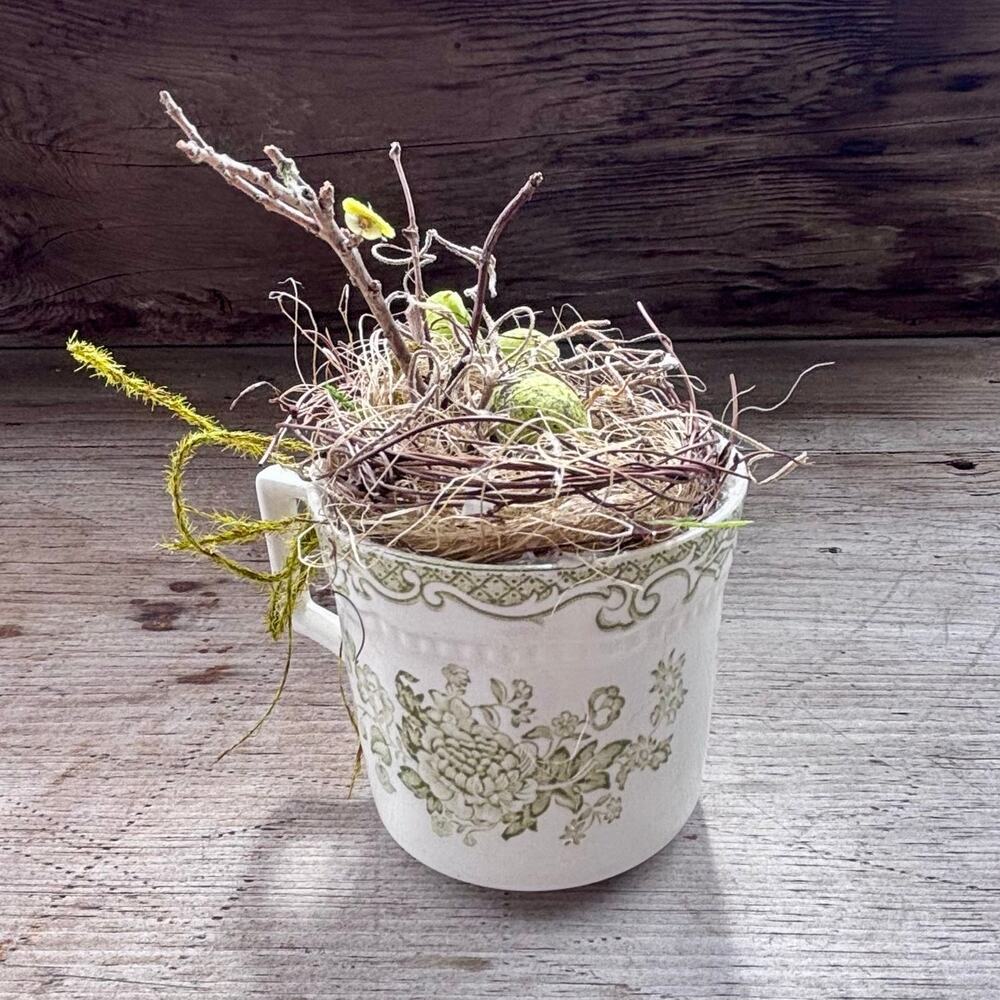 Vintage Green Transferware Mug With Birds’s Nest & Egg Made In England
